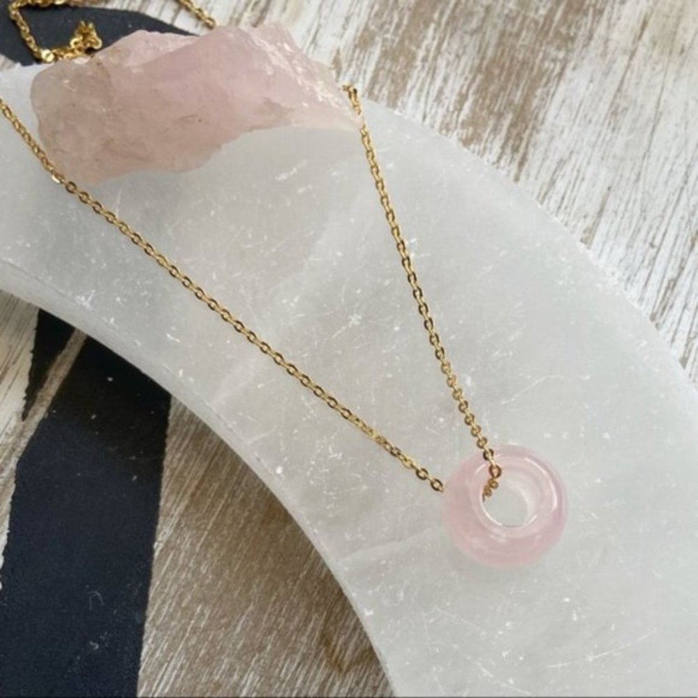 Pink Quartz  donut/worry stone Vermeil gold dainty necklace/ heart chakra